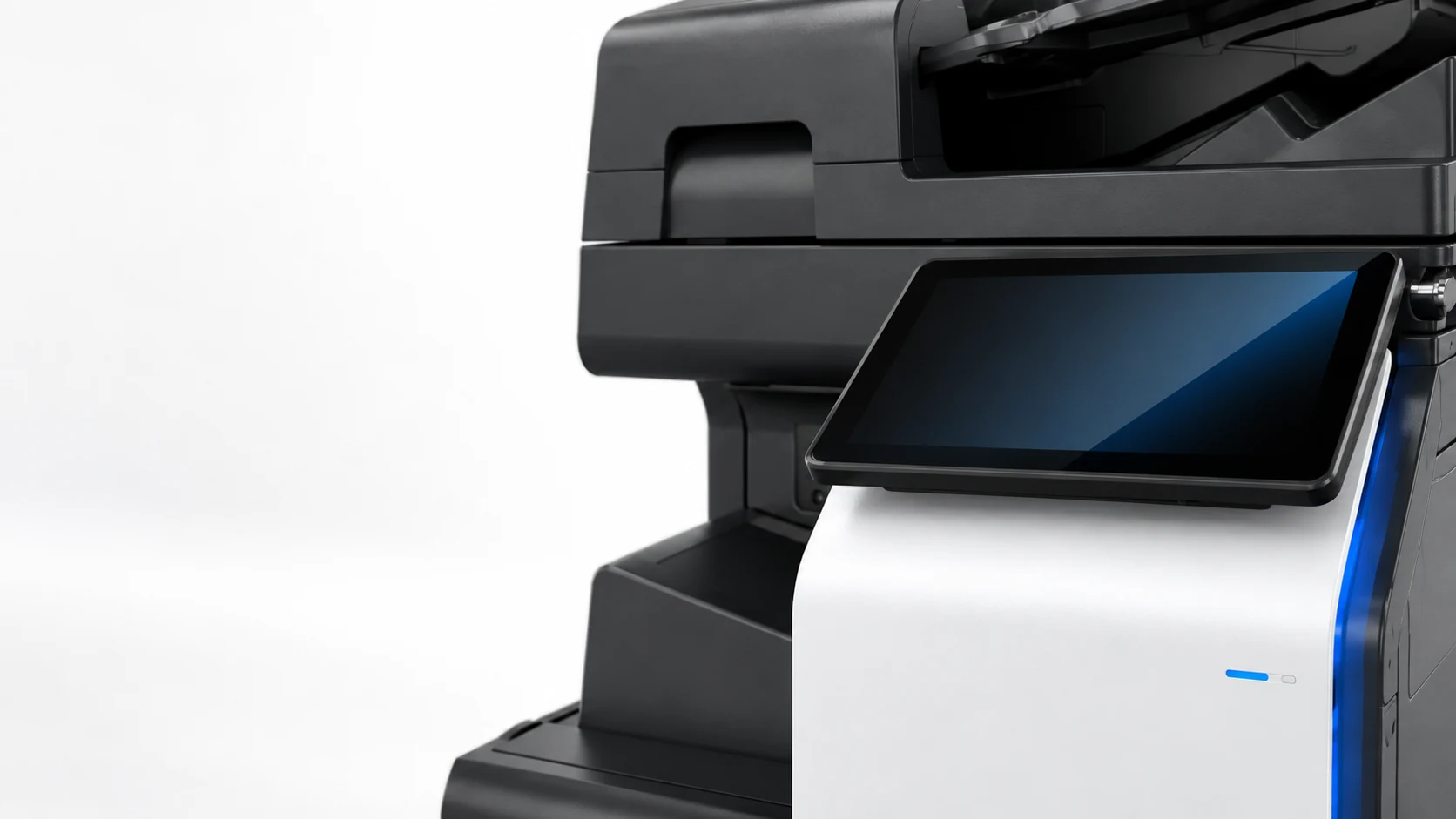 Detalle del panel de control de la Konica Minolta C251i, con sus acabados blancos y negros.