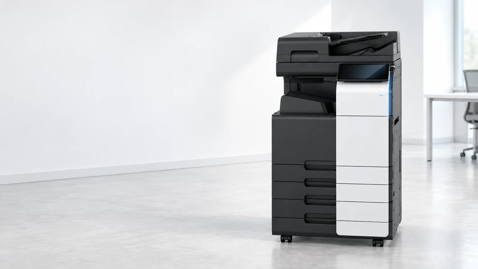 Konica Minolta C251i instalada en una oficina de paredes blancas, con luz tenue y mobiliario discreto.